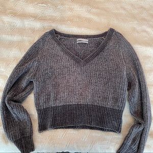 grey cropped chenille v neck sweater size S